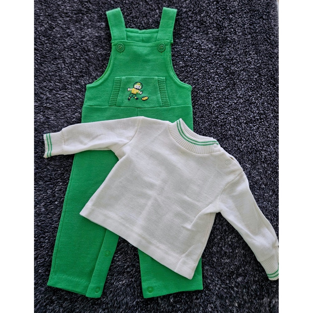Knit Overall Set Baby Unisex 9-12M Green White Good Retro Embroidered Vintage